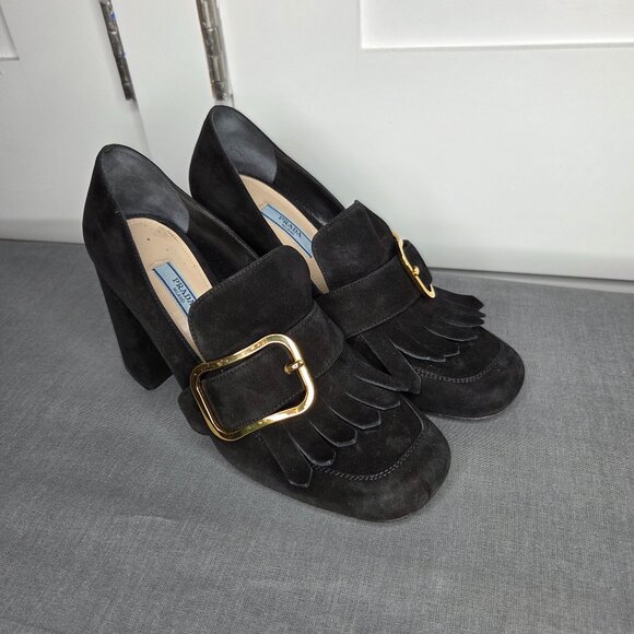Prada Shoes - Women's Prada Black Suede Madras Fringe Buckle Slip-On with COA - EU Size 38.5